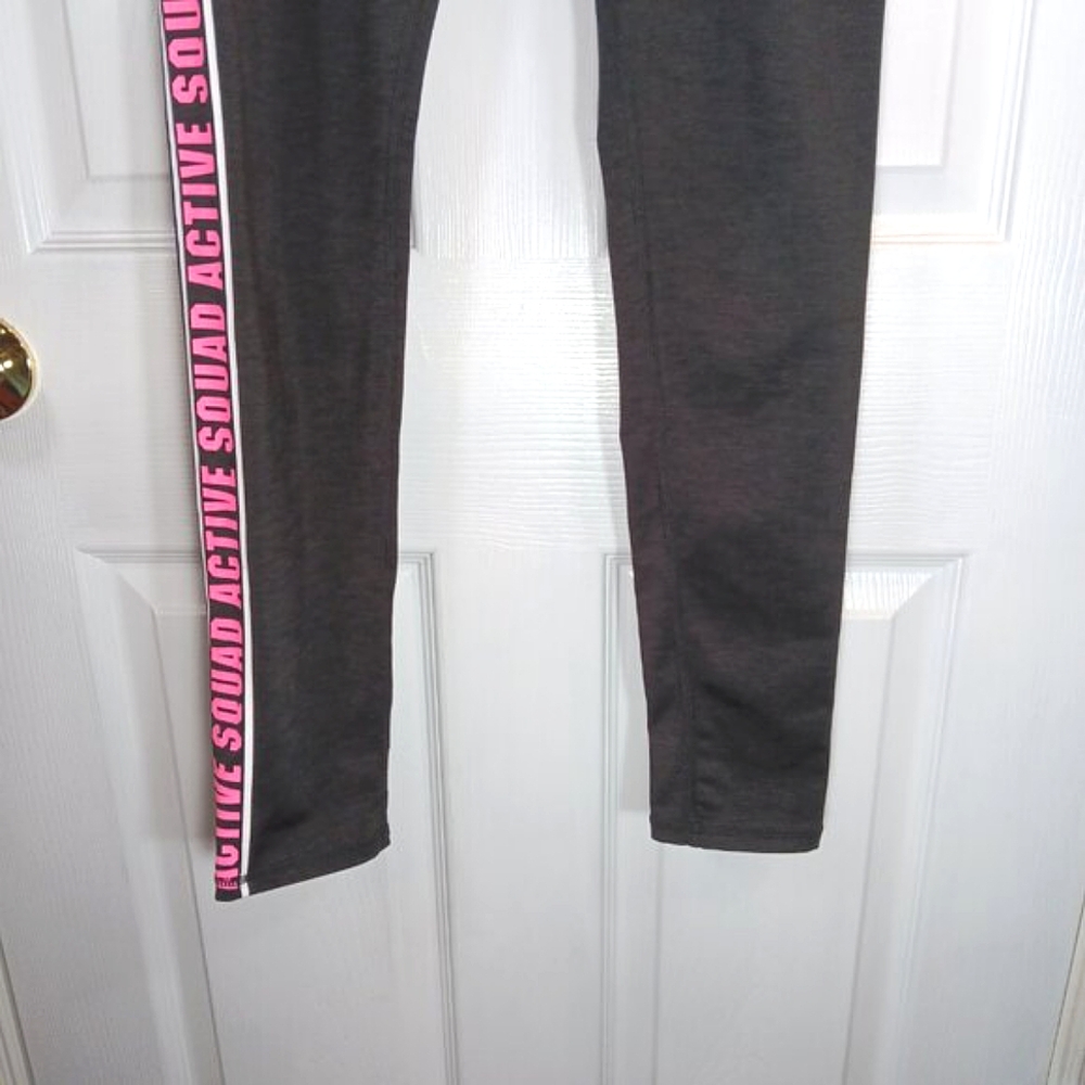 H&M Sport Girls Charcoal Grey Leggings Pink 'Active Squad' Leg Graphics Size 14 - Picture 8 of 13